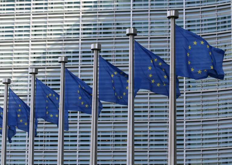 Symbolbild mit EU-Flaggen vor einem Gebäude der EU.